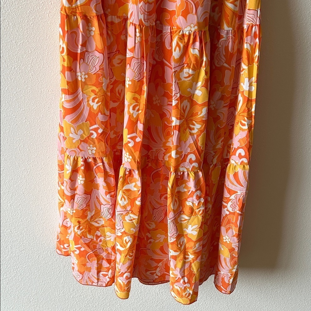 Puffy Sleeve Smocked Floral Orange and Pink Women's Dress - Picture 5 of 6